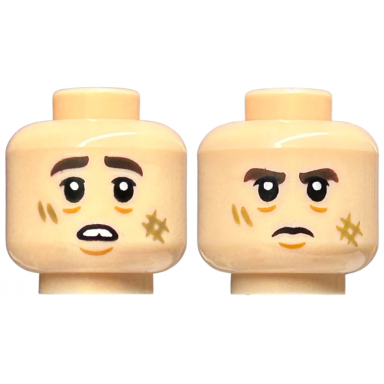 light nougat minifigure head dual sided dark brown thick eyebrows dark tan scuff marks chin dimple worried open mouth with teeth frown pattern