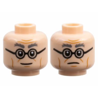 light nougat minifigure head dual sided dark bluish gray bushy eyebrows medium nougat cheek lines and wrinkles black glasses slight grin slight frown pattern