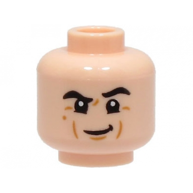 light nougat minifigure head black eyebrows left raised medium nougat cheek lines and chin dimple smile pattern