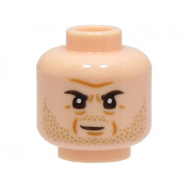 light nougat minifigure head black eyebrows dark tan stubble beard medium nougat forehead crease age lines and chin dimple neutral pattern