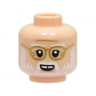 light nougat minifigure head white eyebrows and beard gold rimmed glasses medium nougat forehead crease and age lines open mouth smile pattern