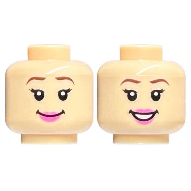 light nougat minifigure head dual sided female reddish brown eyebrows eyelashes dark pink lips grin open mouth smile with teeth pattern