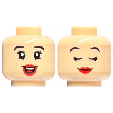 light nougat minifigure head dual sided black eyebrows eyelashes red lips smile with teeth sleeping pattern