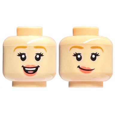 light nougat minifigure head dual sided female medium nougat eyebrows eyelashes coral lips open mouth smile with top teeth and tongue smirk pattern