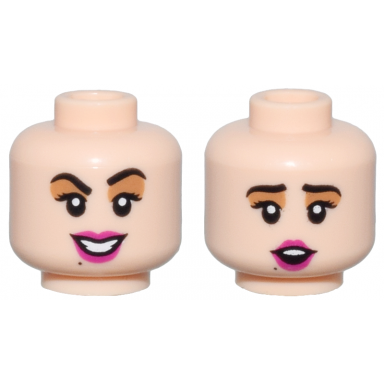 light nougat minifigure head dual sided female black eyebrows and eyelashes medium nougat eye shadow magenta lips beauty mark open mouth smile with teeth surprised pattern