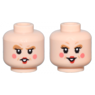 light nougat minifigure head dual sided female medium nougat eyebrows eye shadow and dimples black eyelashes red lips coral cheeks open mouth with teeth angry smile pattern
