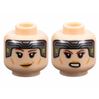 light nougat minifigure head dual sided female dark silver headband reddish brown eyebrows medium nougat lips smile open mouth angry pattern sw bo-katan kryze