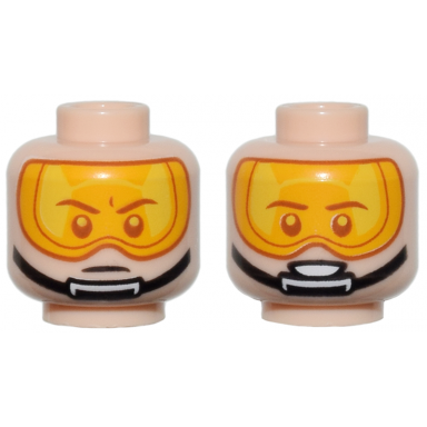 light nougat minifigure head dual sided bright light orange visor black chin strap determined open mouth smile with teeth pattern