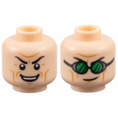 light nougat minifigure head dual sided black eyebrows medium nougat cheek lines and wrinkles furrowed brow open mouth smile with top teeth lopsided grin goggles with green lenses pattern