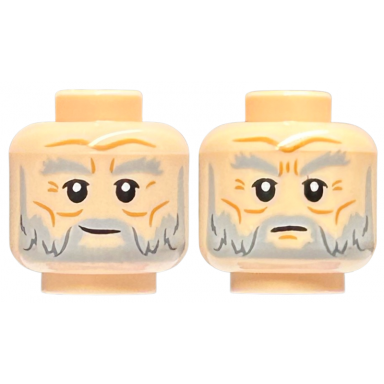 light nougat minifigure head dual sided light bluish gray bushy eyebrows moustache and beard medium nougat cheek lines wrinkles and forehead crease slight smirk neutral pattern