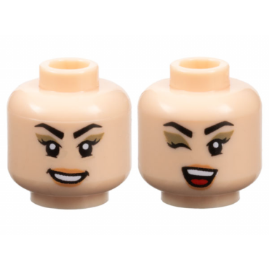 light nougat minifigure head dual sided female black angled eyebrows and eyelashes dark tan eye shadow nougat lips open mouth smile with teeth winking red tongue pattern