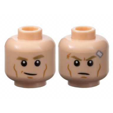 light nougat minifigure head dual sided dark tan eyebrows medium nougat cheek lines and chin dimple smirk scowl with scar and bandage pattern