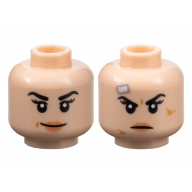 light nougat minifigure head dual sided female black eyebrows and eyelashes nougat lips grin with dimple scowl with scars and bandage pattern