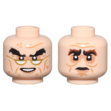 light nougat minifigure head dual sided medium nougat cheek lines and wrinkles nougat eye shadow and lower lip black bushy eyebrows gold glasses and open mouth smile with teeth reddish brown bushy eyebrows and neutral pattern