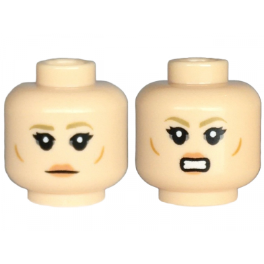 light nougat minifigure head dual sided female dark tan eyebrows black eyelashes nougat lips small medium nougat cheek lines neutral bared teeth pattern