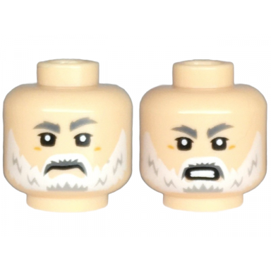 light nougat minifigure head dual sided dark bluish gray eyebrows upper eyelids white beard and moustache frown angry with bared teeth pattern