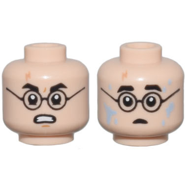 light nougat minifigure head dual sided black eyebrows and glasses nougat lightning scar angry with bared teeth shocked with bright light blue water splotches pattern