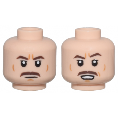 light nougat minifigure head dual sided dark brown angled eyebrows and moustache medium nougat wrinkles and chin dimple neutral open mouth with teeth pattern