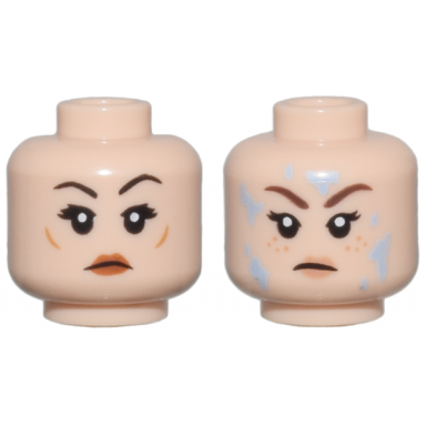 light nougat minifigure head dual sided female black eyelashes dark brown eyebrows dark orange lips neutral reddish brown eyebrows nougat lips and freckles bright light blue water splotches angry frown pattern