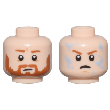 light nougat minifigure head dual sided dark orange eyebrows and beard neutral angry with bright light blue water drops pattern