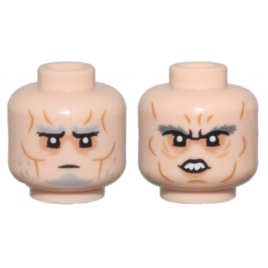 light nougat minifigure head dual sided medium nougat cheek lines and wrinkles nougat eye shadow light bluish gray bushy eyebrows goatee and stubble stern dark bluish gray bushy eyebrows open mouth scowl with teeth pattern