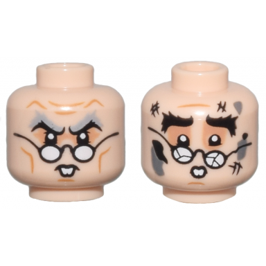 light nougat minifigure head dual sided medium nougat cheek lines and wrinkles nougat eye shadow buck teeth light bluish gray bushy eyebrows glasses stern black bushy eyebrows broken glasses scuff marks dark bluish gray splotches worried pattern