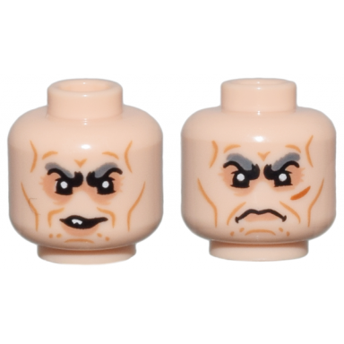 light nougat minifigure head dual sided black and dark bluish gray bushy eyebrows nougat eye shadow and lower lip medium nougat cheek lines and wrinkles lopsided scowl with tooth angry frown pattern