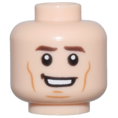 light nougat minifigure head dark brown eyebrows medium nougat long cheek lines and chin dimple open mouth smile with teeth pattern