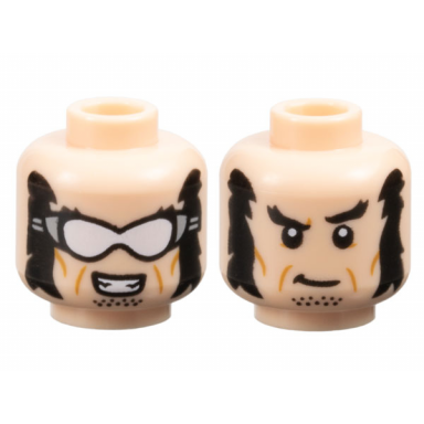 light nougat minifigure head dual sided black bushy eyebrows mutton chops and stubble medium nougat cheek lines bared teeth smile and white goggles grin pattern