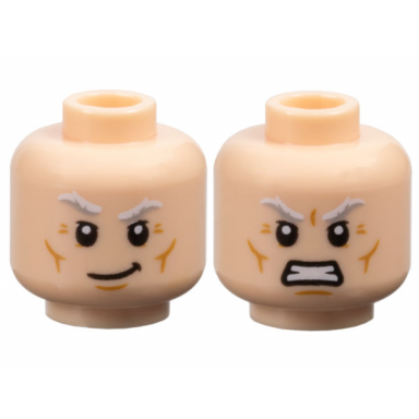 light nougat minifigure head dual sided white and light bluish gray bushy eyebrows medium nougat cheek lines chin dimple and wrinkles smirk angry bared teeth pattern