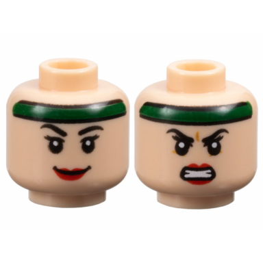 light nougat minifigure head dual sided female black eyebrows eyelashes red lips dark green headband grin angry bared teeth pattern
