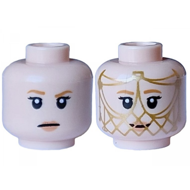 light nougat minifigure head dual sided female medium nougat eyebrows and lips black eyes and mouth neutral smile with gold mesh face veil pattern