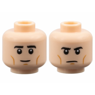 light nougat minifigure head dual sided black eyebrows medium nougat cheek lines and chin dimple neutral angry frown pattern