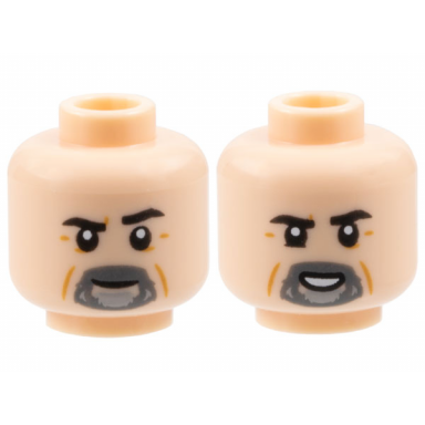 light nougat minifigure head dual sided black eyebrows dark bluish gray and light bluish gray beard medium nougat wrinkles neutral smile with teeth pattern