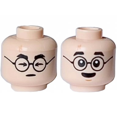 light nougat minifigure head dual sided black eyebrows and glasses nougat lightning scar arrow shaped closed eyes surprised open eyes and chin dimple pattern