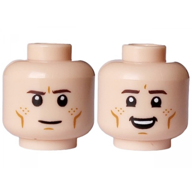 light nougat minifigure head dual sided dark brown eyebrows medium nougat cheek lines chin dimple and freckles neutral open mouth smile with top teeth pattern