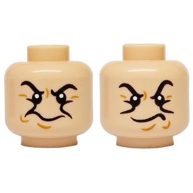 light nougat minifigure head dual sided black eyebrows medium nougat wrinkles and dimples angry mouth scowl pattern