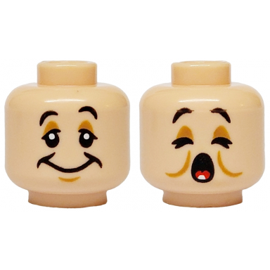light nougat minifigure head dual sided black eyebrows medium nougat eyelids and chin dimple wide smile eyes closed yawning open mouth with cheek lines white tooth and red tongue pattern