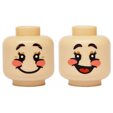 light nougat minifigure head dual sided black eyebrows and eyelashes medium nougat eyelids and wrinkles coral cheeks wide smile open mouth smile with red tongue pattern
