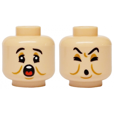 light nougat minifigure head dual sided black eyebrows medium nougat eyelids cheek lines and chin dimple open mouth with white teeth and red tongue closed eyes and mouth pattern