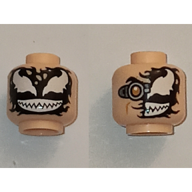 light nougat minifigure head dual sided alien partial venom smudge silver goggle right full black venom with white eyes and teeth pattern