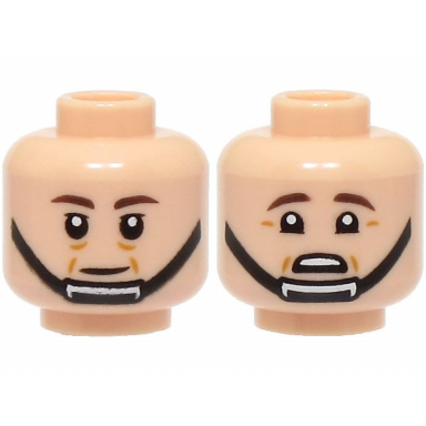 light nougat minifigure head dual sided dark brown eyebrows black chin strap cheek lines neutral scared with wrinkles below eyebrows pattern