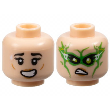 light nougat minifigure head dual sided female black eyebrows medium nougat lips open mouth with teeth grin frown lime eyes bright green mask white lightning bolts pattern