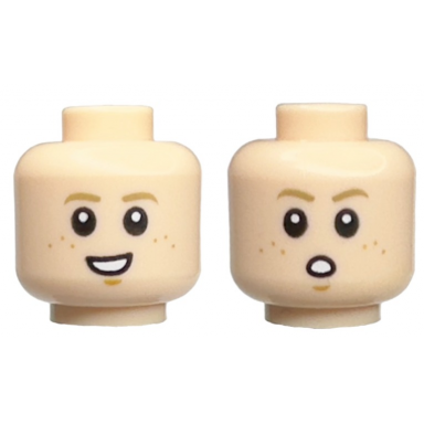 light nougat minifigure head dual sided child dark tan eyebrows medium nougat freckles and chin dimple open mouth smile with teeth surprised pattern
