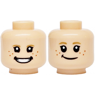 light nougat minifigure head dual sided dark tan eyebrows black eyes dark orange freckles open mouth grin with white teeth smile pattern