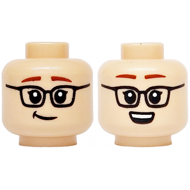 light nougat minifigure head dual sided black glasses reddish brown eyebrows lopsided smile open mouth grin with white teeth pattern