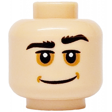 light nougat minifigure head black bushy eyebrows medium nougat dimples and sunken eyes wide grin pattern