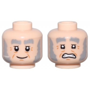 light nougat minifigure head dual sided light bluish gray bushy eyebrows and sideburns dark orange wrinkles closed mouth smile grimmace pattern