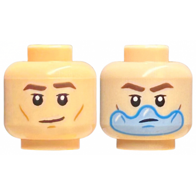 light nougat minifigure head dual sided dark brown eyebrows medium nougat cheek lines and chin dimple neutral scowl with bright light blue water bubble over mouth pattern
