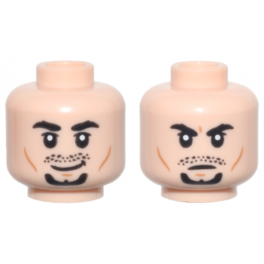 light nougat minifigure head dual sided black thick eyebrows upper eyelids moustache stubble and goatee medium nougat cheek lines and chin dimple lopsided grin scowl pattern